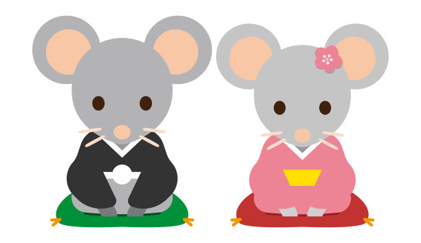 拟人化的老鼠家族穿着传统的日本和服，孤立在白色背景上。矢量插图。图片下载