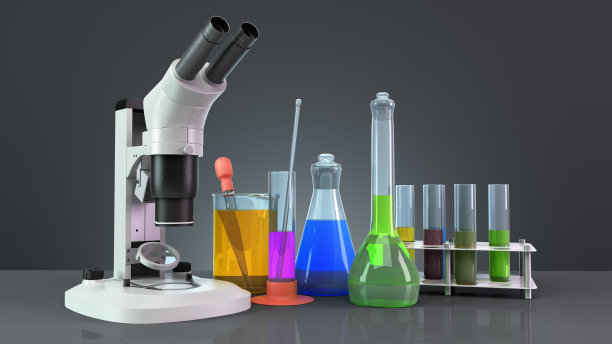 试管和烧瓶与试剂站在显微镜旁边的镜子地板上3d渲染在深灰色图片下载