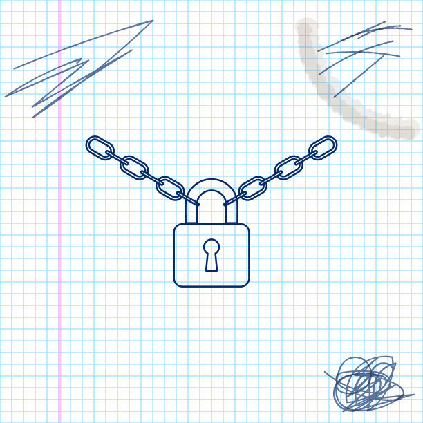 金属链和锁线草图图标孤立的白色背景。挂锁和钢链。矢量图图片下载