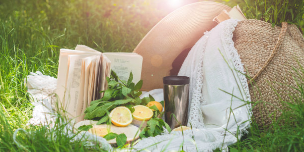 稻草袋，书，帽子，柠檬水和新鲜的柠檬一个阳光明媚的夏天图片下载