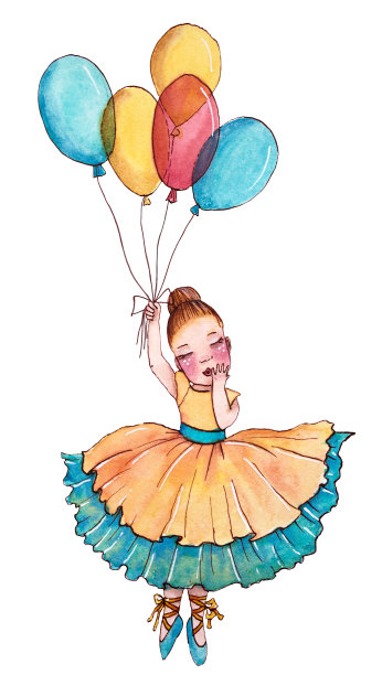 穿着黄色和蓝色衣服的小芭蕾舞者在气球上飞行。图片下载
