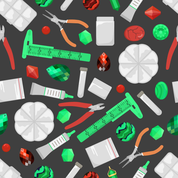 一个无缝的模式与珠子，工具来创造珠宝，cabochons，水钻。黑暗的背景。图片下载