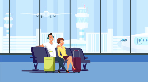 夫妇在机场航站楼平面矢量插图图片下载