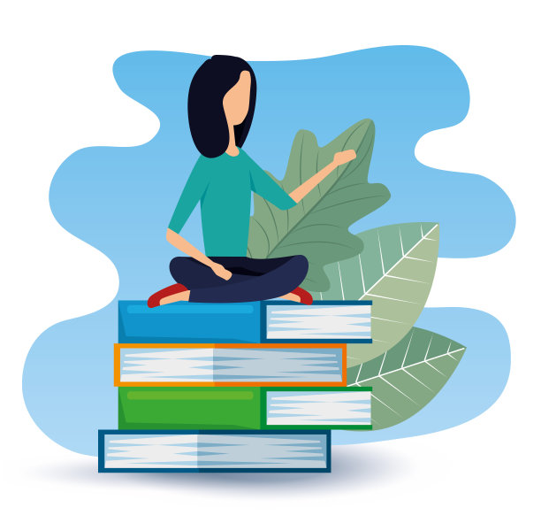 女商人坐在书里，带着树叶和植物图片下载