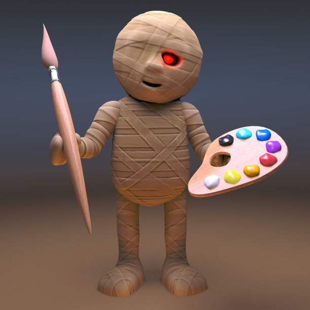 不死的埃及木乃伊怪物与画笔和调色板，3d插图图片下载