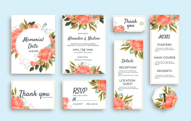 大套的婚礼文具与粉红玫瑰包括不同的卡片。RSVP，谢谢，菜单，接待细节邀请和提醒通知图片下载