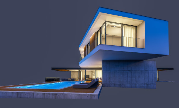 现代住宅在山上的3d渲染与游泳池在夜晚孤立的灰色图片下载