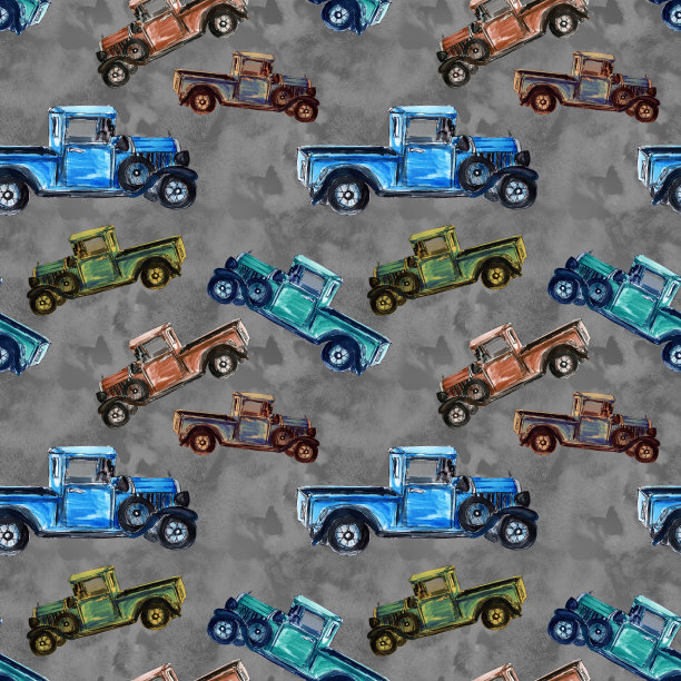 水彩手绘艺术丰富多彩的复古老爷车无缝图案图片下载
