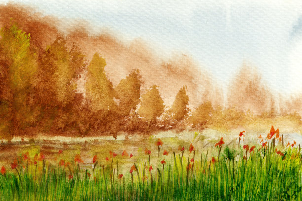 花坛近岸水彩画插画图片下载