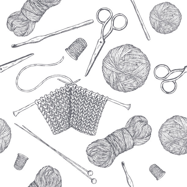 无缝模式与老式针织工具。基于手绘草图。爱好类系列。图片下载