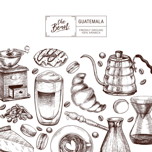 咖啡。手绘杯子，羊角面包，水壶，派，磨粉机，通心粉，谷物。向量的图标。咖啡店设计模板。品牌标识，餐厅或咖啡馆菜单。时尚的咖啡品牌。图片下载