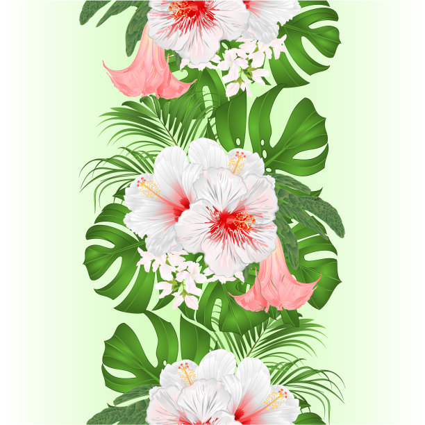 垂直边界无缝的背景与热带花卉插花美丽的白色木芙蓉，棕榈，黄花和布鲁格曼尼亚vintage矢量插图可编辑图片下载