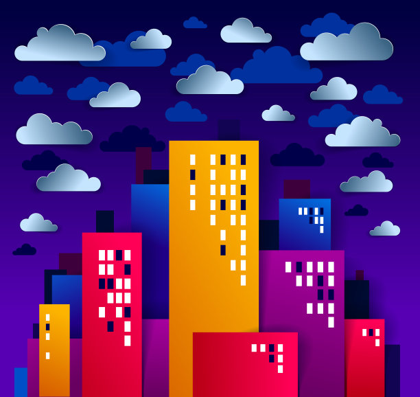 雨中的城市房屋建筑在夜晚剪纸卡通儿童游戏风格矢量插画，可爱的城市景观，城市生活的现代极简设计，午夜天空中的云雨。图片下载