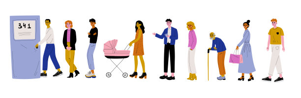 男人和女人穿着休闲衣服站在线或排队靠近门矢量插图图片下载