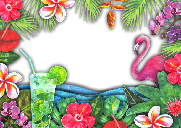 抽象的夏日水彩海浪，沙滩，热带植物，莫吉托鸡尾酒的背景。图片下载