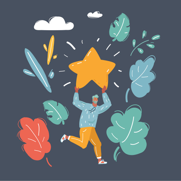 向量快乐的人举着大黄星在头上。客户点评，积极反馈的理念。满意的人给予高排名的商业评级。图片下载