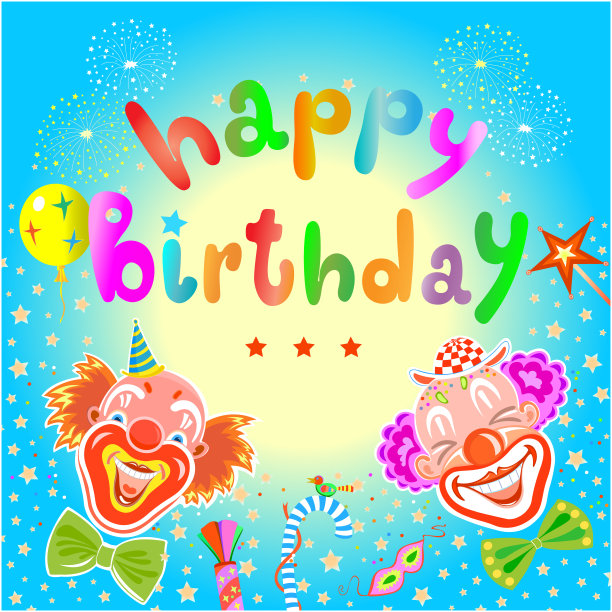 生日快乐的贺卡上有滑稽的小丑。图片下载