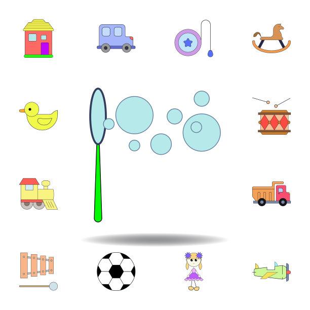 卡通泡沫泡沫玩具彩色图标。一套儿童玩具插图图标。标志、符号可用于网页、logo、手机应用、UI、UX图片下载