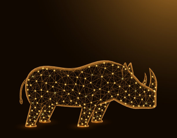 犀牛低多边形模型，非洲动物抽象图形，孤独的哺乳动物多边形线框矢量插图在暗黄色的背景图片下载