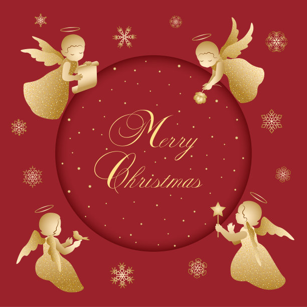 红色和金色的圣诞贺卡与天使图片下载