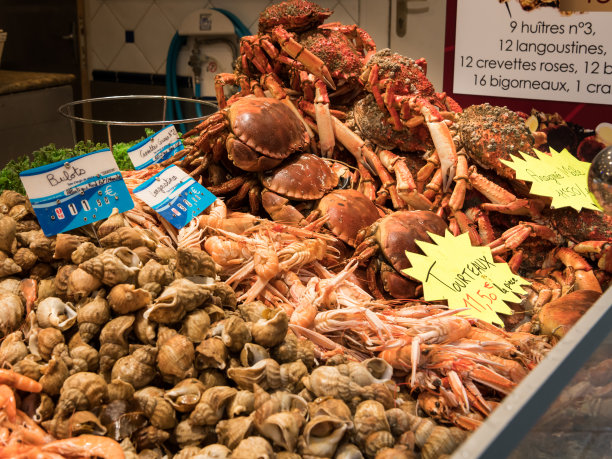 鱼市场上的新鲜螃蟹、虾和蜗牛图片下载