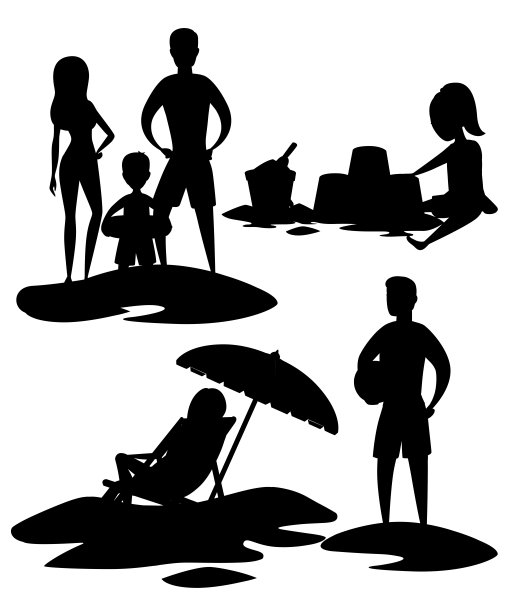 海滩上一组人的黑色剪影。人们站在沙上。漂亮的女人，穿着泳衣的男人和男孩。卡通人物设计。平面矢量插图上的白色背景图片下载