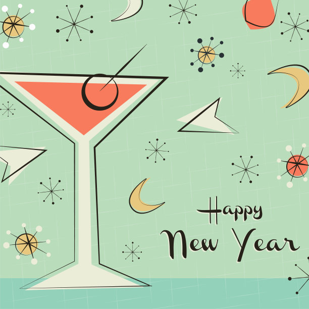 复古的世纪中期派对饮料的新年卡片图片下载