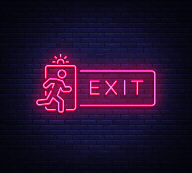 退出霓虹灯招牌向量。出口霓虹招牌、设计模板、现代潮流设计、夜间霓虹招牌、夜间亮广告、灯光横幅、灯光艺术。矢量图图片下载