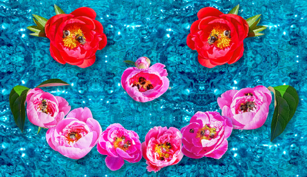 阳光夏天和假期的概念:在温暖的蓝色海面上闪闪发光的背景下，满是大黄蜂的各种牡丹花上的笑脸图片下载