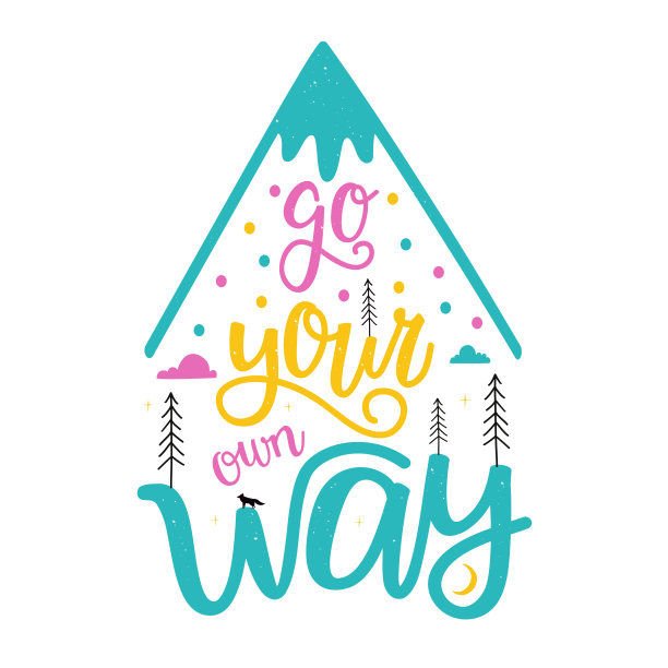 字体排版海报与蓝色，黄色和粉红色的文字-走你自己的路。涂鸦山，松树，云彩和小狐狸的剪影。图片下载