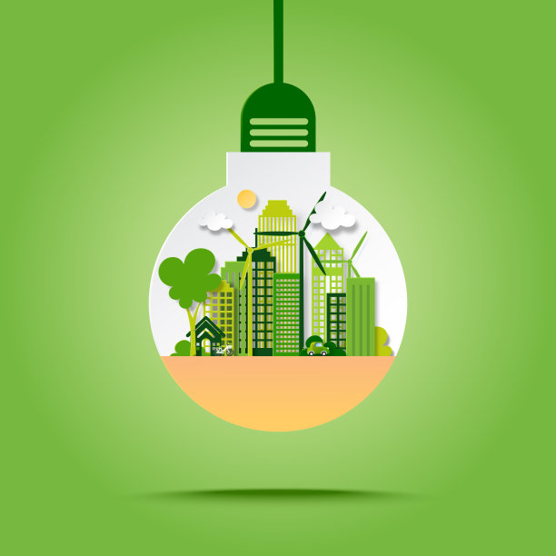 绿色生态城市，节能环保理念，电灯泡纸艺术风格。图片下载