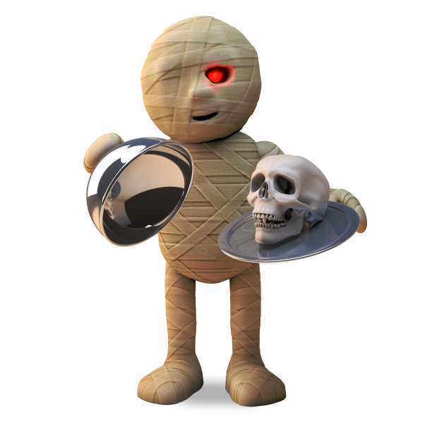 慷慨的卡通埃及木乃伊怪物提供了一个在银托盘上的头骨，3d插图图片下载