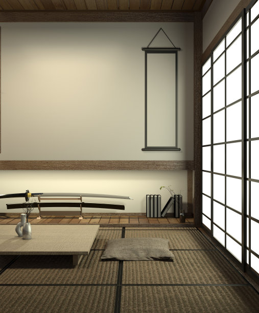 日式房间采用榻榻米地板和日本风格的装饰设计。三维渲染图片下载
