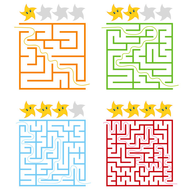 一套有星级评级的方形彩色迷宫。难度分为四个等级。简单的平面矢量插图孤立在白色背景。图片下载