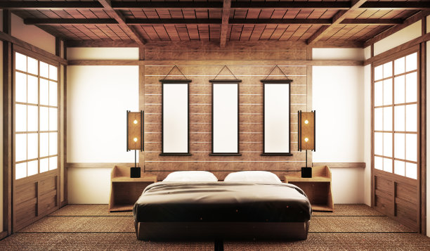 室内设计，现代客厅配有榻榻米沙发和传统日式沙发。三维渲染图片下载