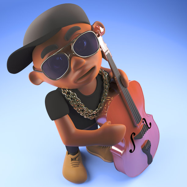 酷黑人说唱嘻哈艺术家演奏爵士贝斯，3d插图图片下载