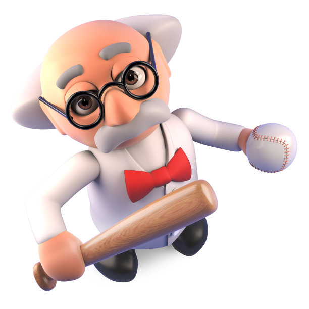 疯狂的科学家教授是一个狂热的棒球迷与他的球棒，3d插图图片下载