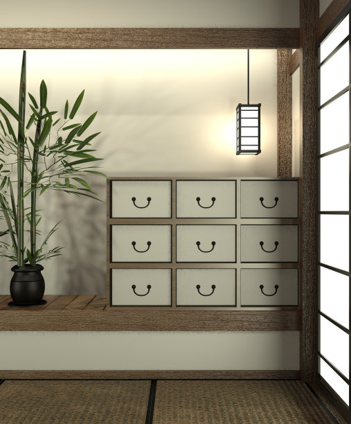 仿日本房，榻榻米地板和装饰日本风格的设计风格。三维渲染图片下载