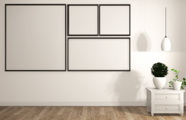 框架上的白色墙壁房间禅宗风格。三维渲染图片下载