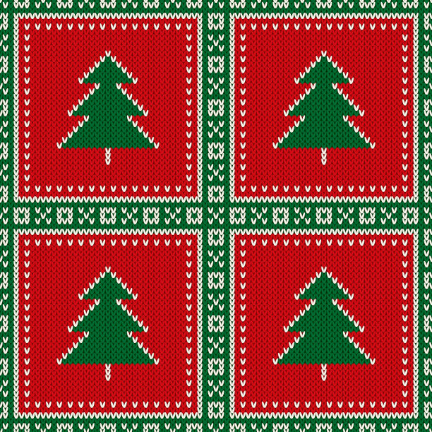 圣诞节日针织毛衣图案设计与圣诞树。矢量无缝羊毛编织纹理模仿。图片下载