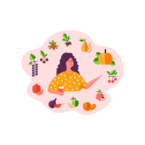 健康的素食围绕着可爱的女人。节食的概念与卡片的特点不同。图片下载