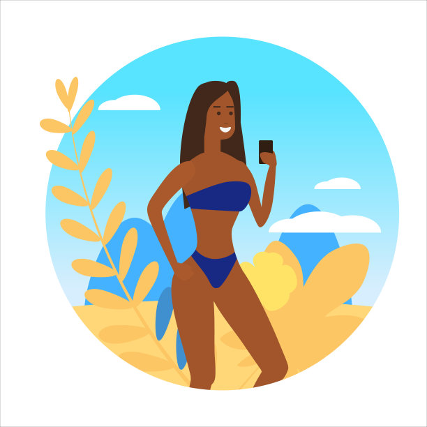 海海夏日女孩自拍智能手机上的图标活动。度假旅行，度假海滩，冲浪，棕榈树，植物，日光浴。矢量平面卡通孤立的插图图片下载