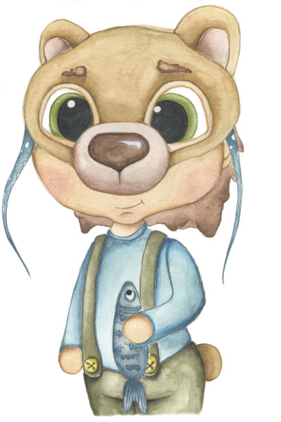 森林动物水彩画插图。一个男孩戴着动物面具。图片下载