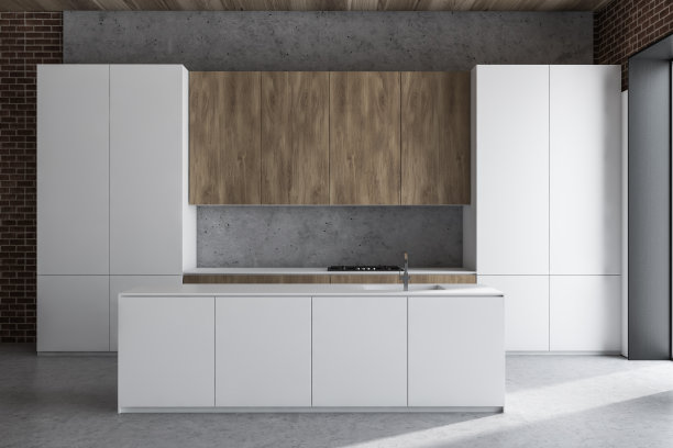 混凝土和白色厨房内部岛屿图片下载