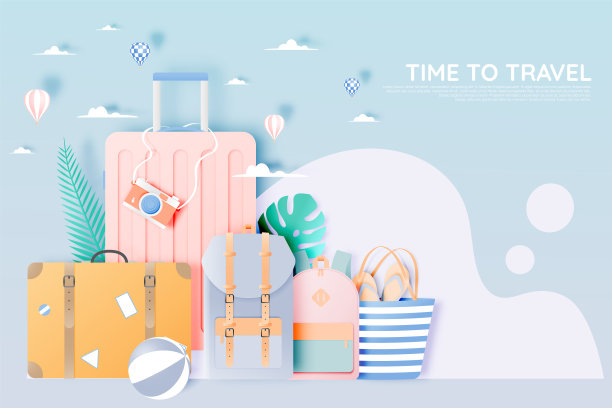 旅行各种各样的物品在纸艺术风格图片下载