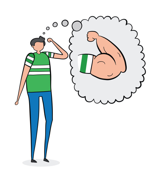 弱者梦想拥有肌肉发达的手臂，手绘矢量图。黑色轮廓和颜色图片下载