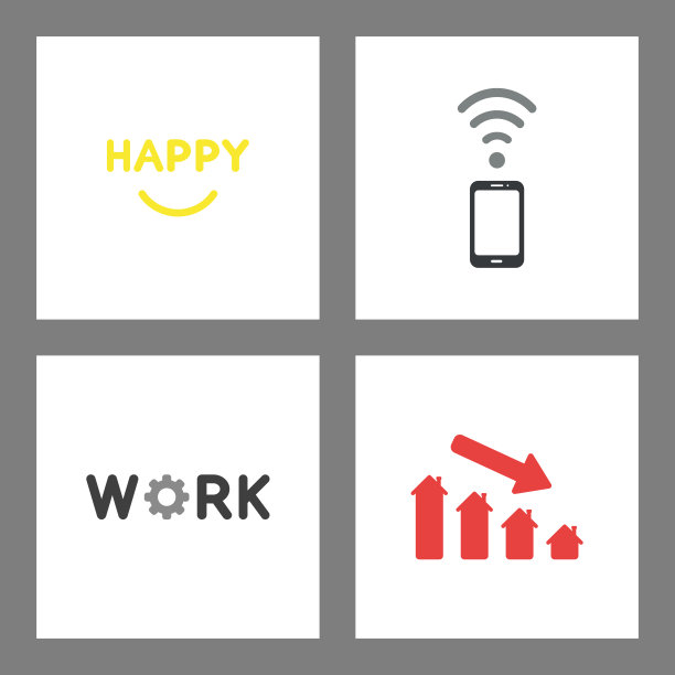 图标的概念集。快乐的话语带着微笑的嘴巴，智能手机带着无线信号，工作带着齿轮和房价图表下行。图片下载