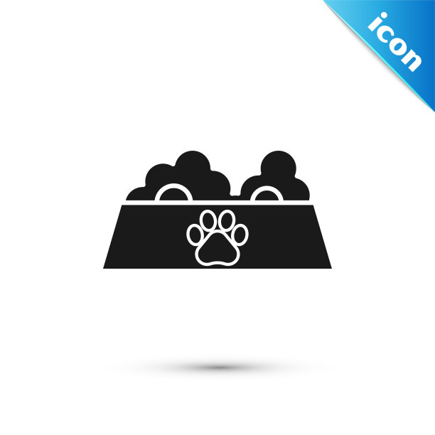 黑色宠物食品碗猫或狗图标孤立在白色背景。狗或猫的爪印。矢量图图片下载