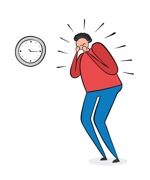 这个人看着时钟，非常紧张，手绘矢量图。黑色轮廓和颜色图片下载