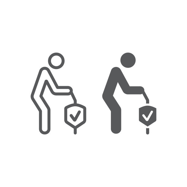 养老保险线和字形图标、人身保护、老人关怀标志、矢量图形、白色背景上的线性图案。图片下载